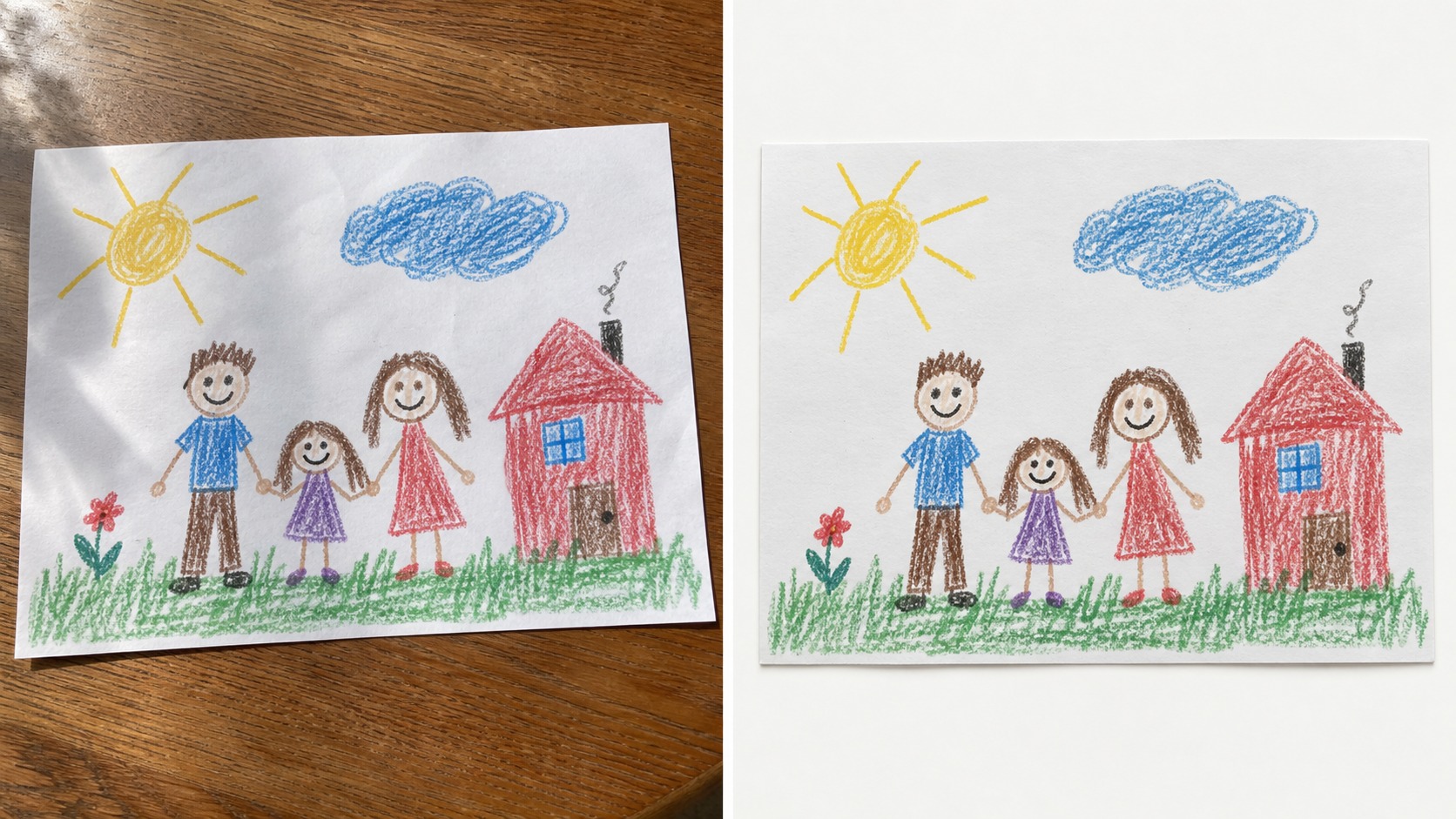 A fictional child's crayon family drawing shown first as an ordinary phone photo and then as clean, book-ready artwork
