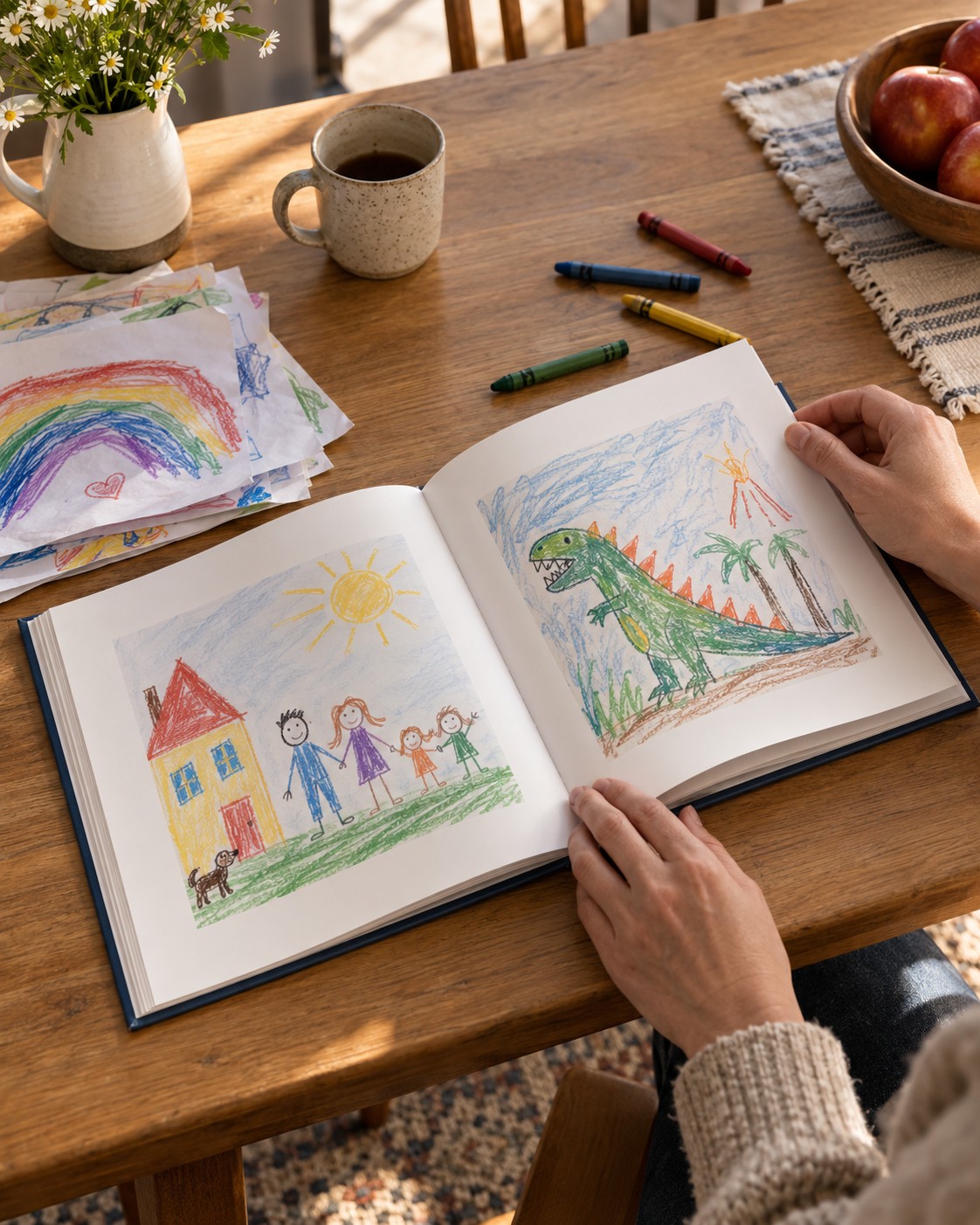 A realistic fictional sample of a children's artwork keepsake book open on a family dining table